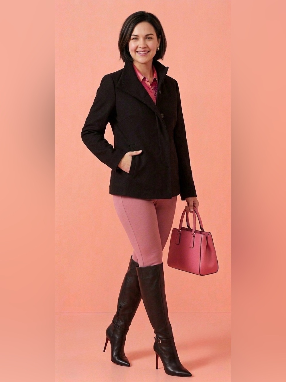 Women's Black Funnel Neck Mid-Length Jacket